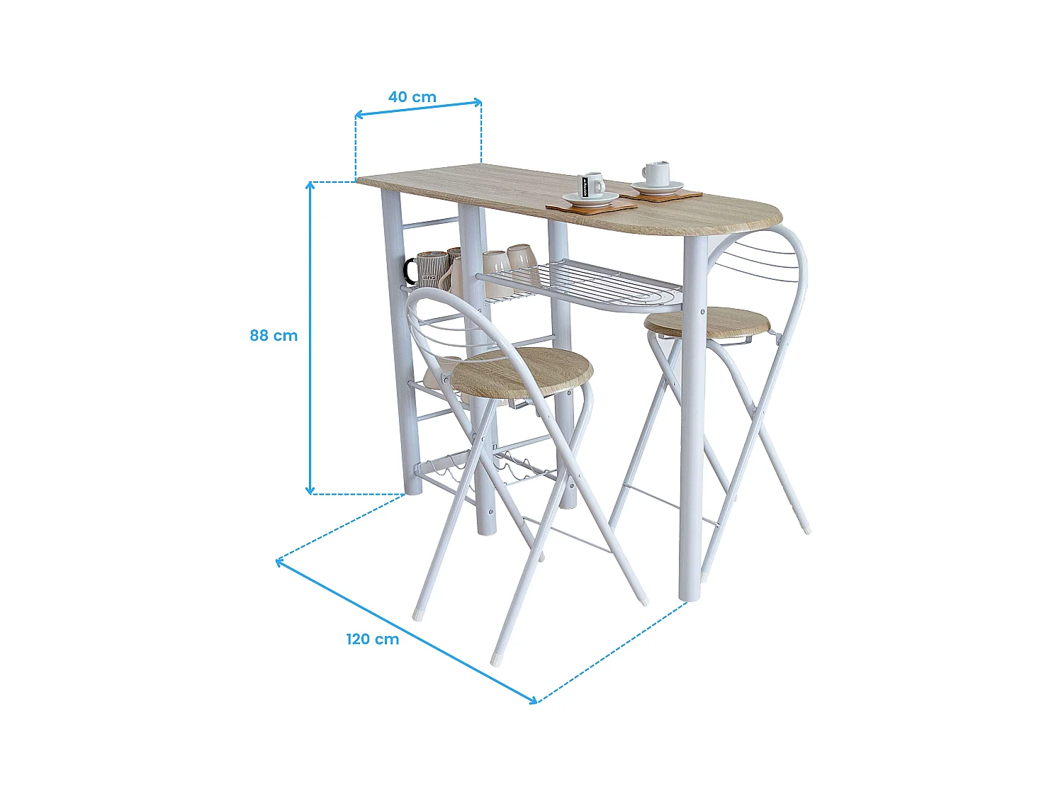 Table haute de bureau style nordique blanc/bois avec 2 tabourets 40 x 88 x 120 cm