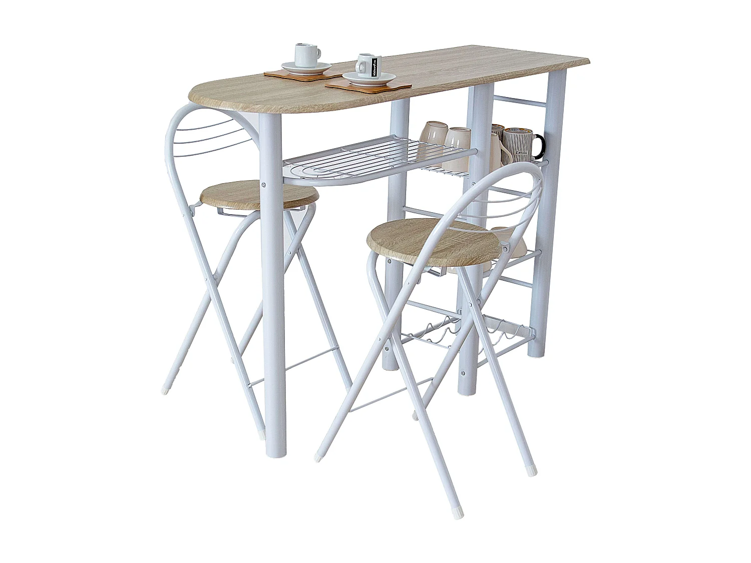 Mesa alta de escritório estilo nórdico branca/madeira 2 bancos 40x88x120 cm