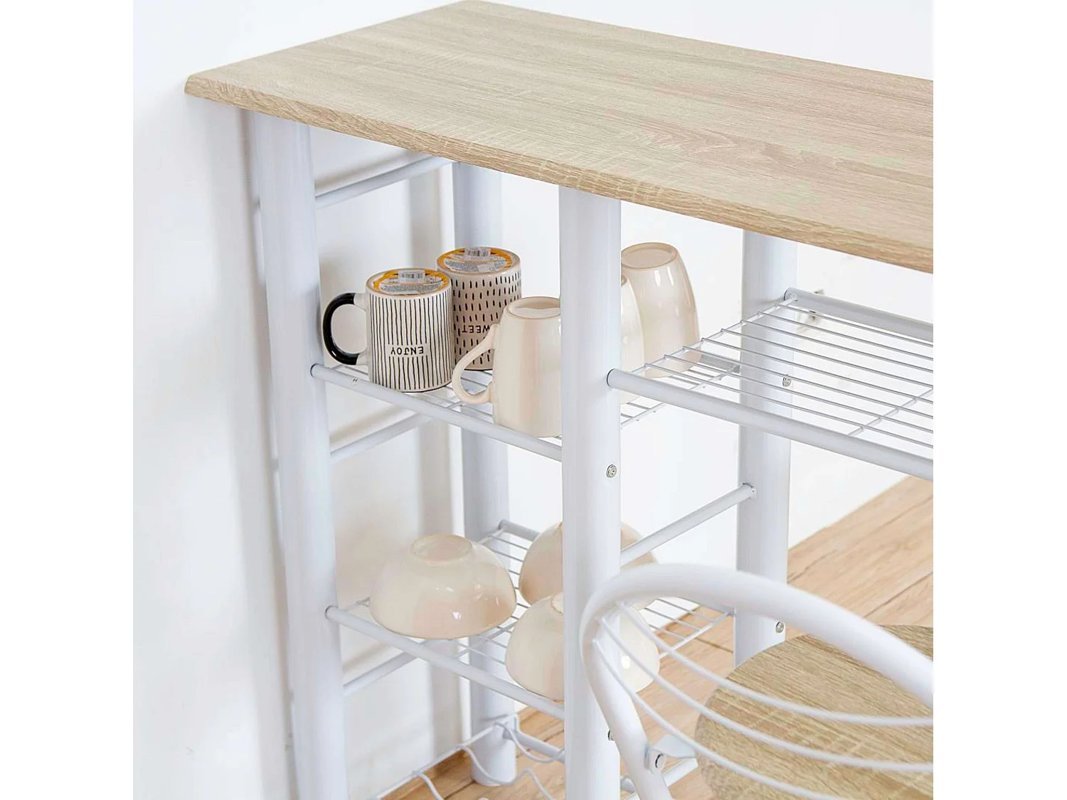 Mesa alta de escritório estilo nórdico branca/madeira 2 bancos 40x88x120 cm