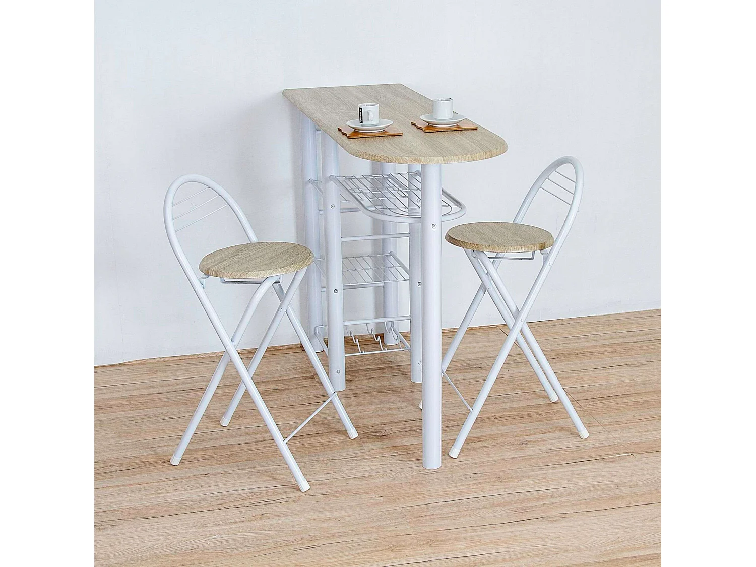 Mesa alta de escritório estilo nórdico branca/madeira 2 bancos 40x88x120 cm