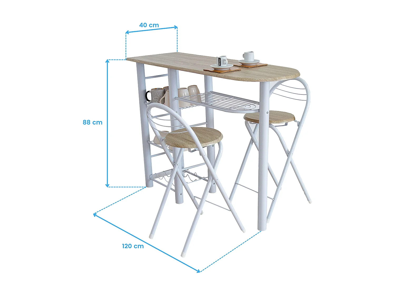 Mesa alta de escritório estilo nórdico branca/madeira 2 bancos 40x88x120 cm