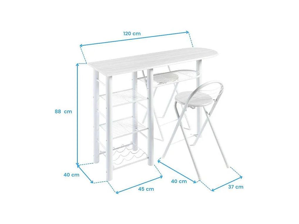 Ensemble table et 2 tabourets pliants, bar de cuisine, blanc, 40x87,5x120 cm