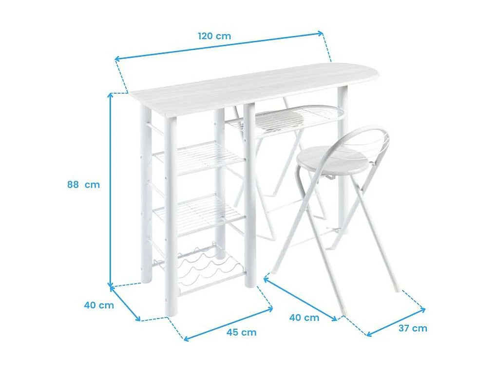 Ensemble table et 2 tabourets pliants, bar de cuisine, blanc, 40x87,5x120 cm