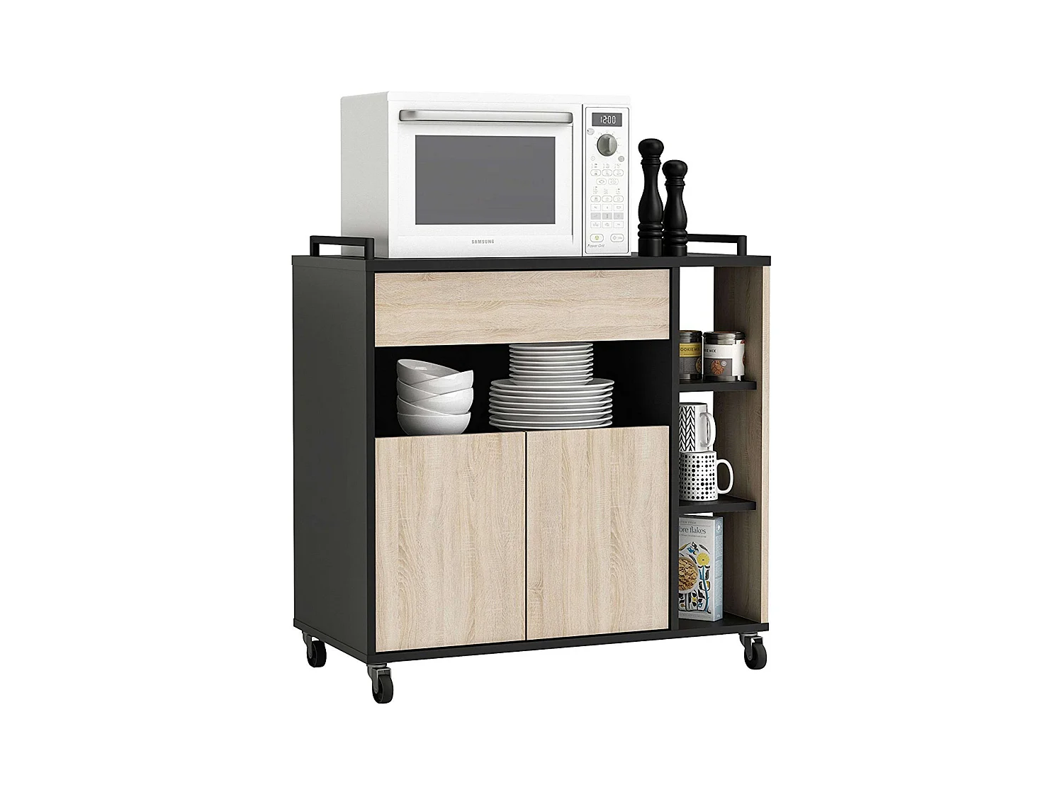 Mueble Aux Microondas Cocina c/Ruedas Roble y Negro 79x79x40 cm