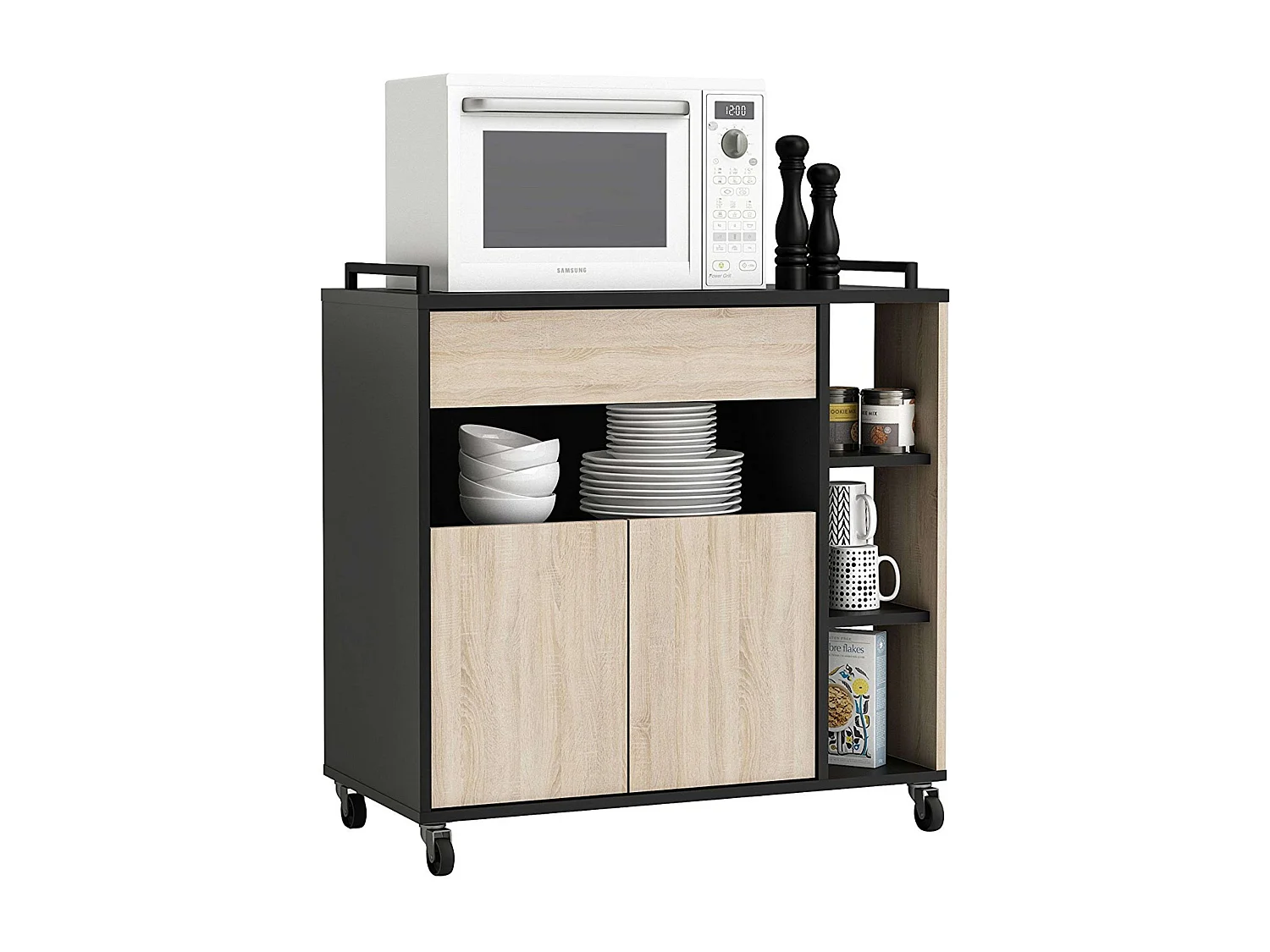 Mueble Aux Microondas Cocina c/Ruedas Roble y Negro 79x79x40 cm
