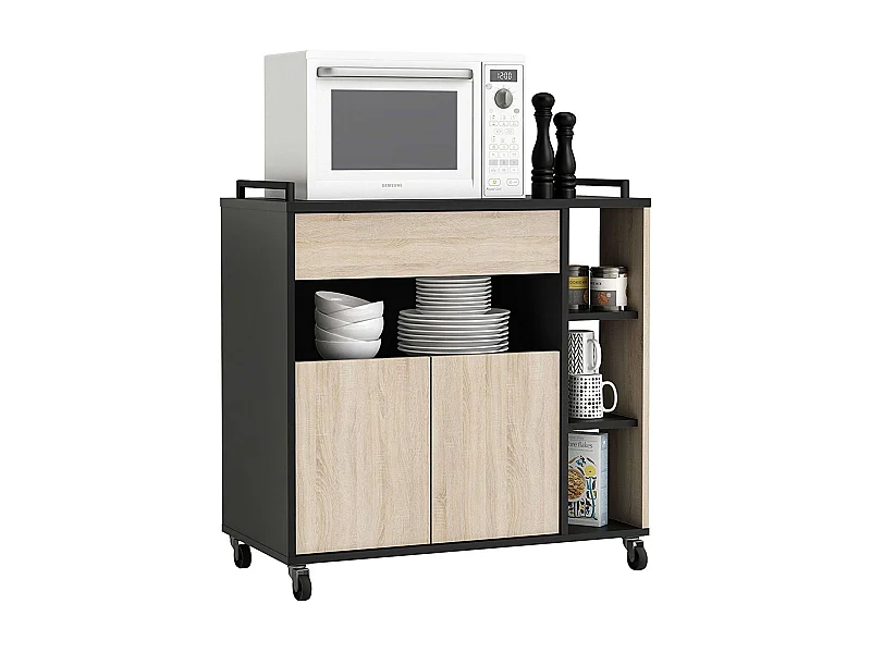 Mueble Aux Microondas Cocina c/Ruedas Roble y Negro 79x79x40 cm