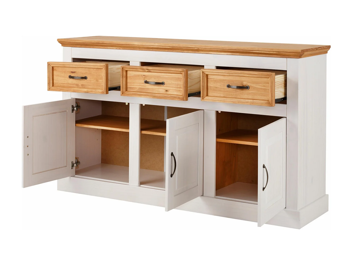 Selma|Buffet avec 3 portes et 3 tiroirs en effet pin teinté blanc