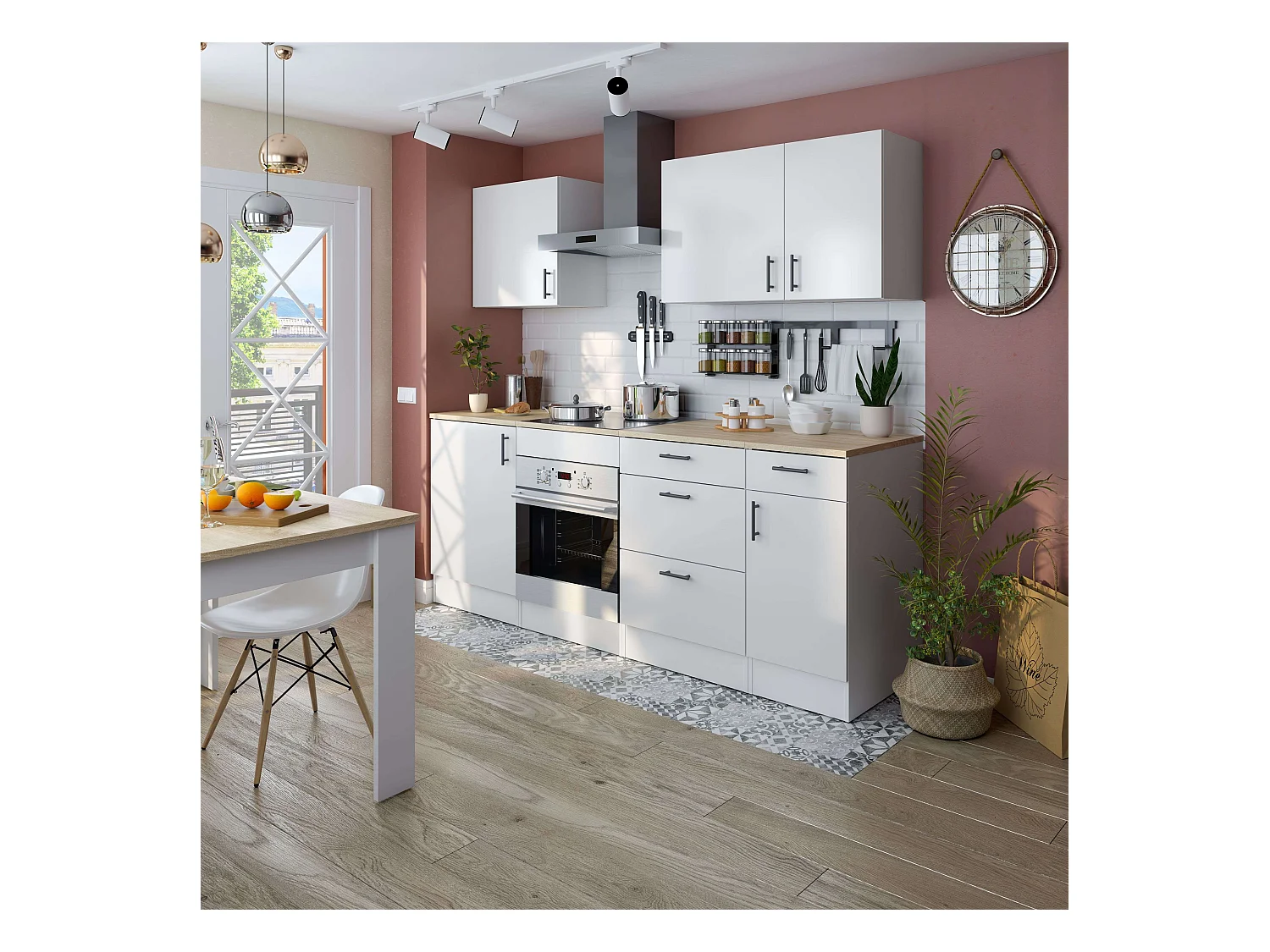 Pack Muebles Cocina Kira Modular Blanco Brillo/Roble Canadian 7 Módulos
