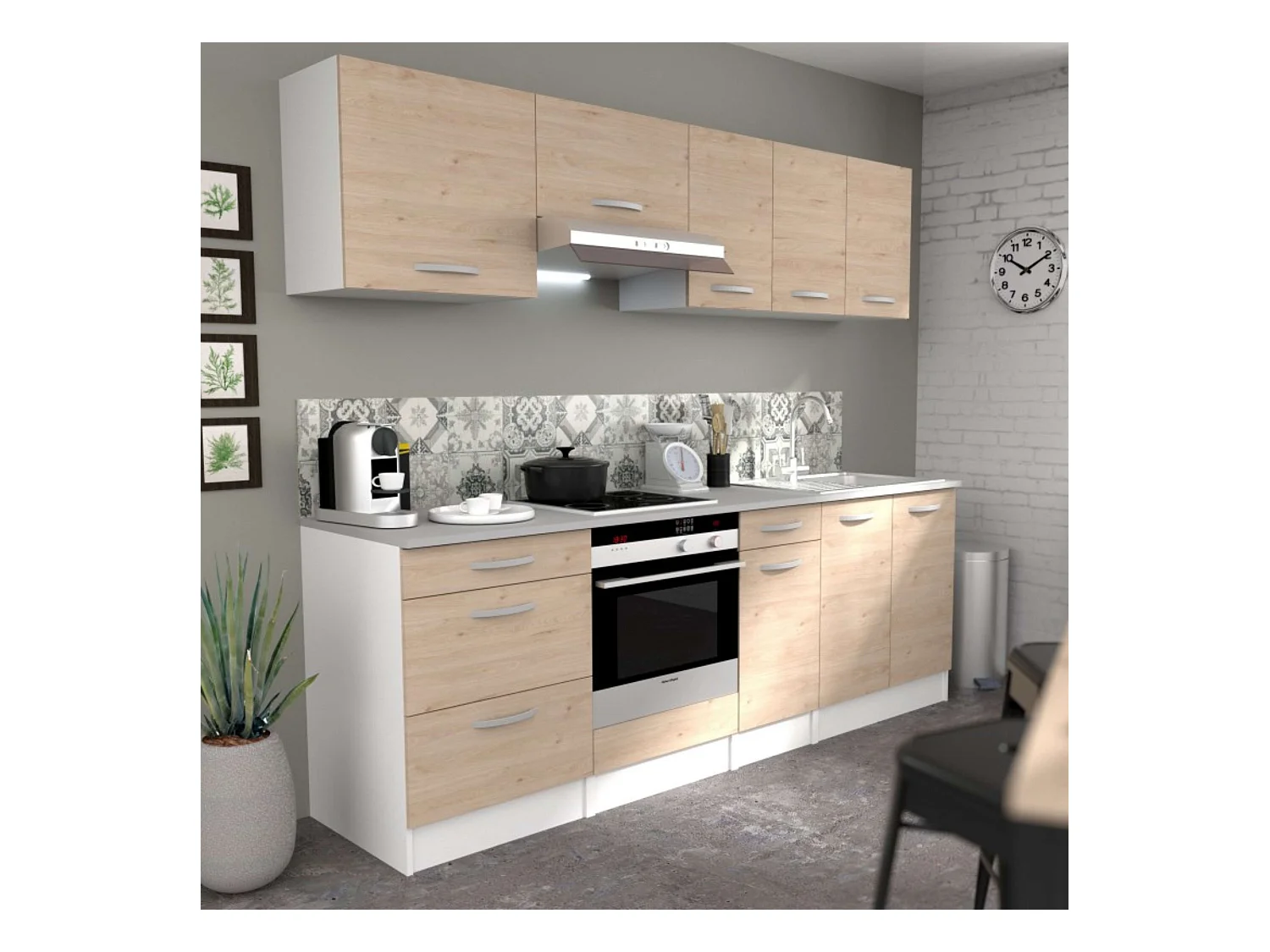 Pack Cocina Eko en Madera Claro-Blanco 8 Módulos (Aéreos y Bajos)