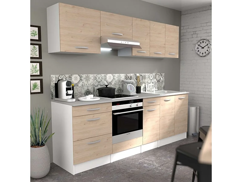 Pack Cocina Eko en Madera Claro-Blanco 8 Módulos (Aéreos y Bajos)