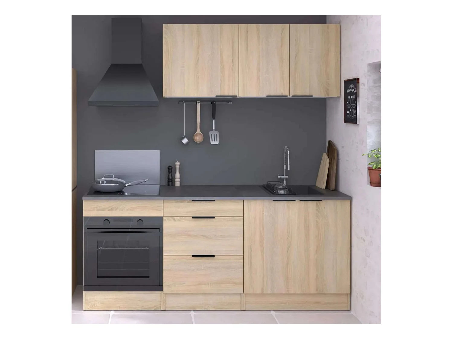 Pack cocina modular Arko madera claro/negro (3 mod. bajos 2 altos) melamina 200 cm