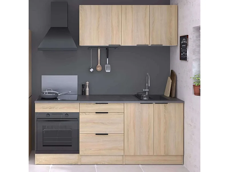 Pack cocina modular Arko madera claro/negro (3 mod. bajos 2 altos) melamina 200 cm