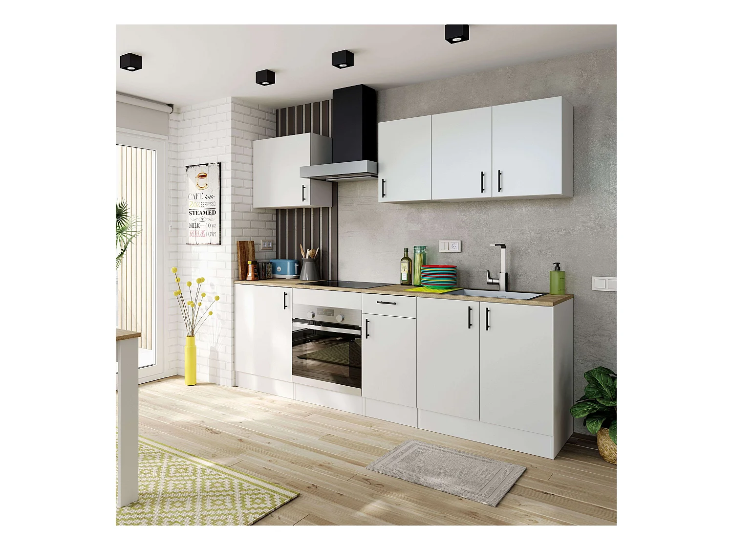 Conjunto Muebles Cocina Kira Estilo Nórdico Blanco Brillo y Roble Canadian