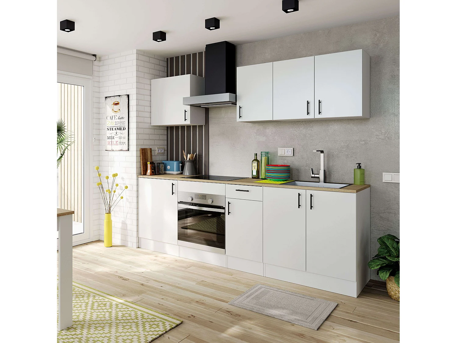 Conjunto Muebles Cocina Kira Estilo Nórdico Blanco Brillo y Roble Canadian