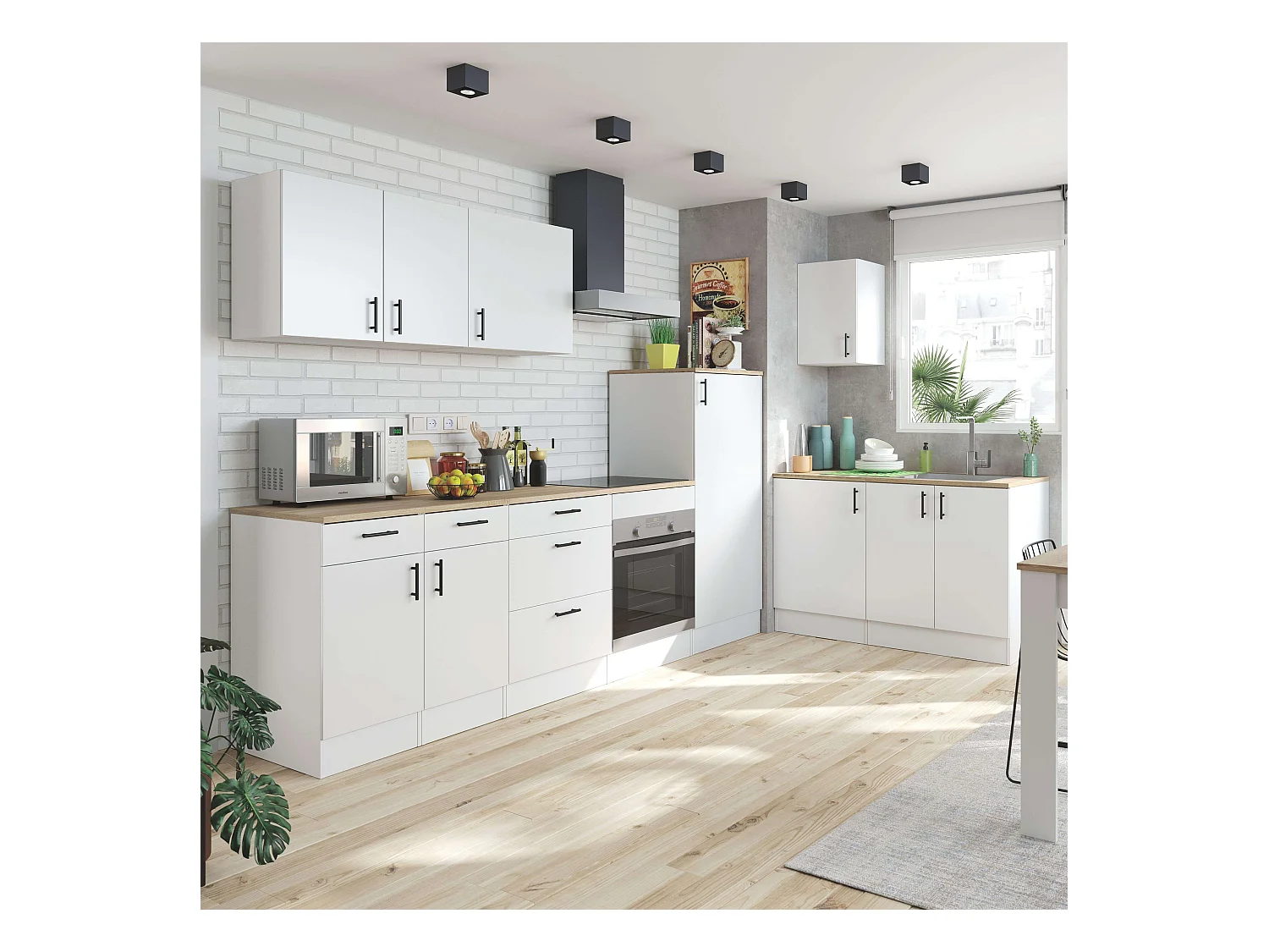 Pack Muebles Cocina Kira 10 Módulos Nórdico Blanco Brillo Roble Canadian
