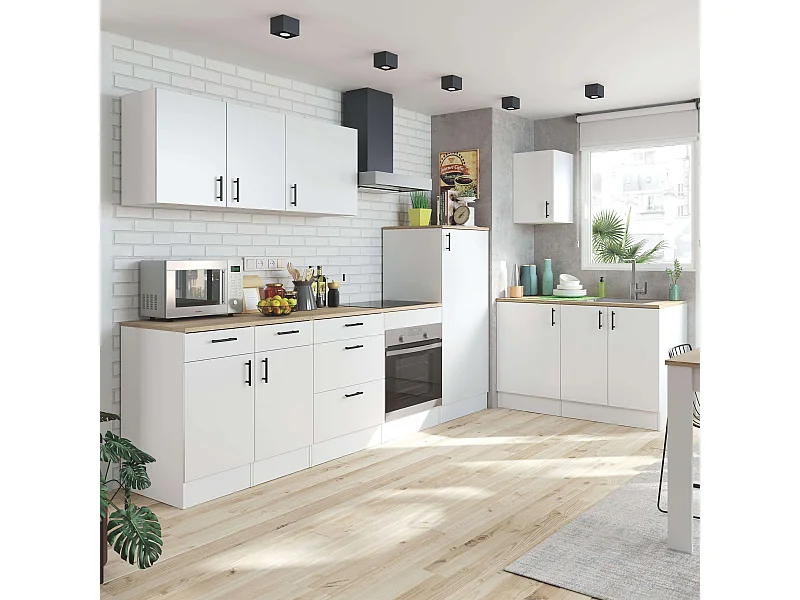 Pack Muebles Cocina Kira 10 Módulos Nórdico Blanco Brillo Roble Canadian