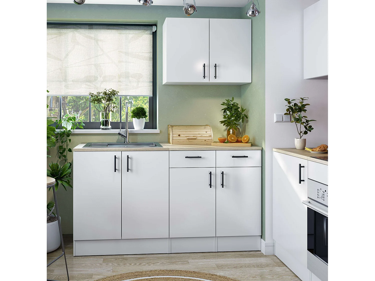 Pack Muebles Cocina Kira Modular Blanco Brillo Roble Canadian 4 Módulos