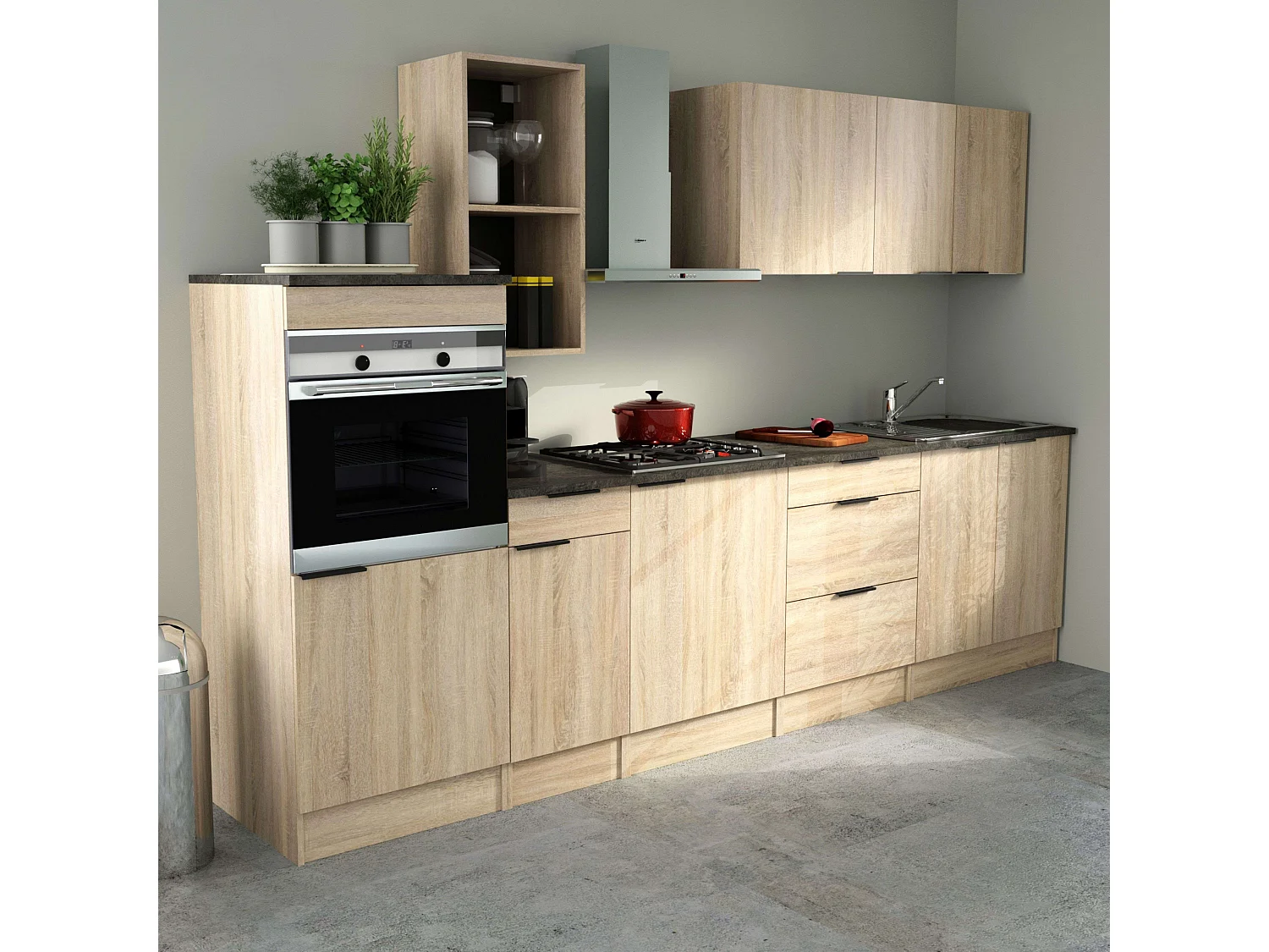 Pack Muebles Cocina Arko Moderno Madera Claro-Negro 3 Módulos Altos