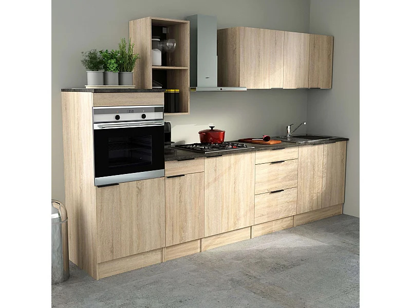 Pack Muebles Cocina Arko Moderno Madera Claro-Negro 3 Módulos Altos