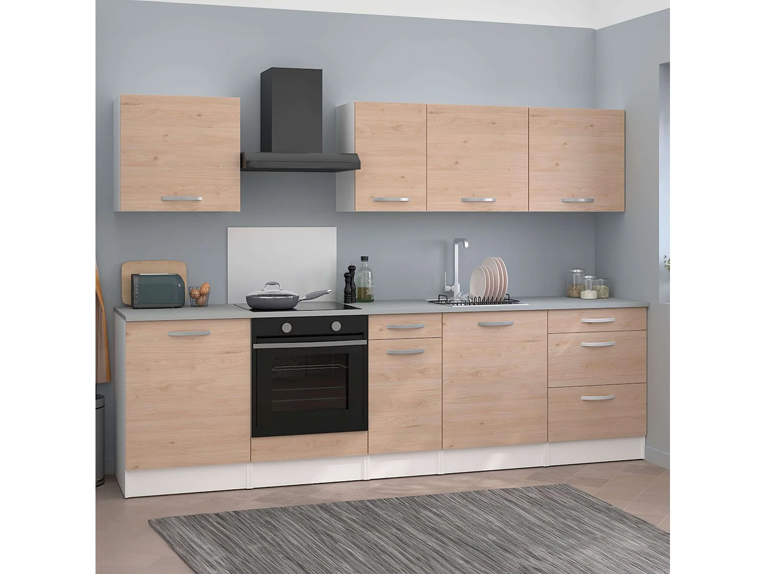 Pack Muebles Cocina Eko Modular Roble y Blanco 4 Mod. Altos, 5 Inferiores, 60cm