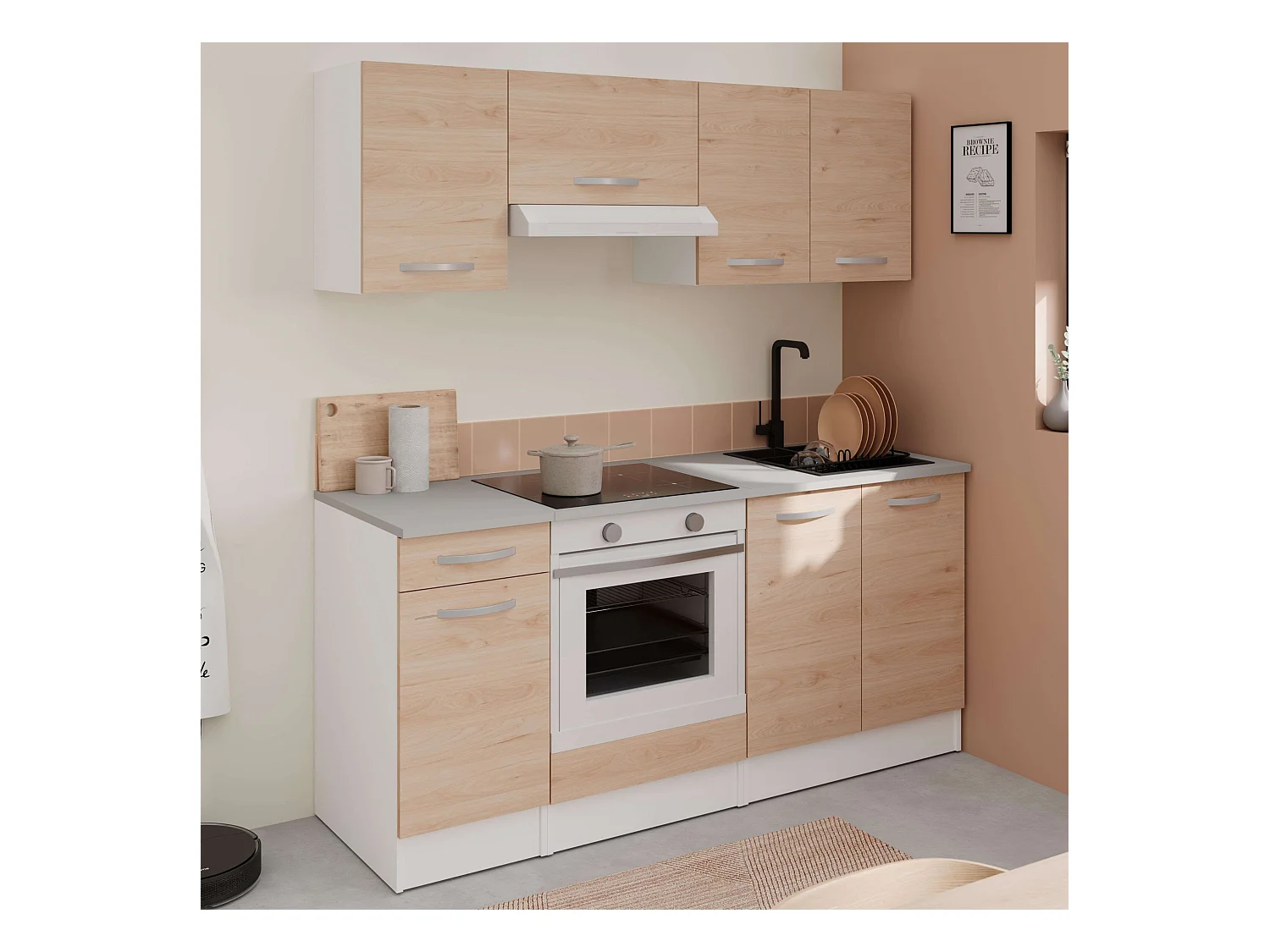 Pack Muebles Cocina Eko Moderno Blanco Mate/Roble Jackson Fregadero Horno