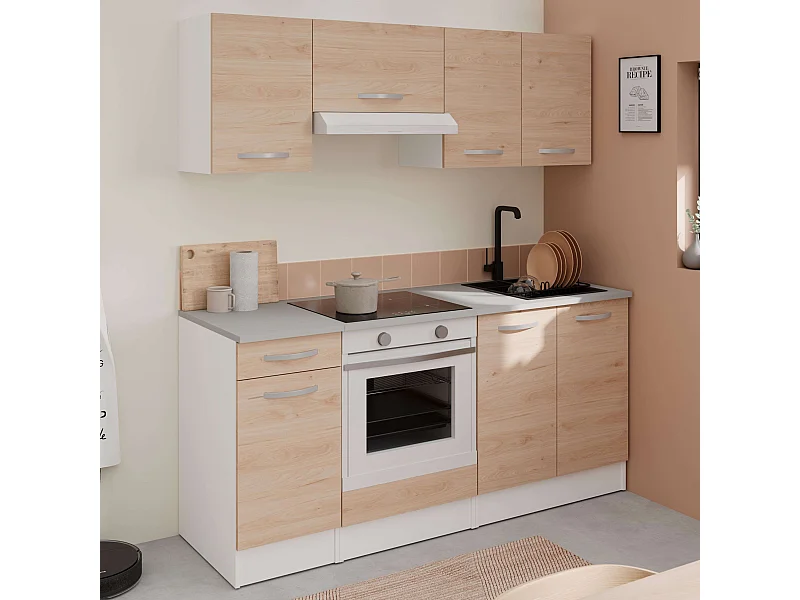 Pack Muebles Cocina Eko Moderno Blanco Mate/Roble Jackson Fregadero Horno