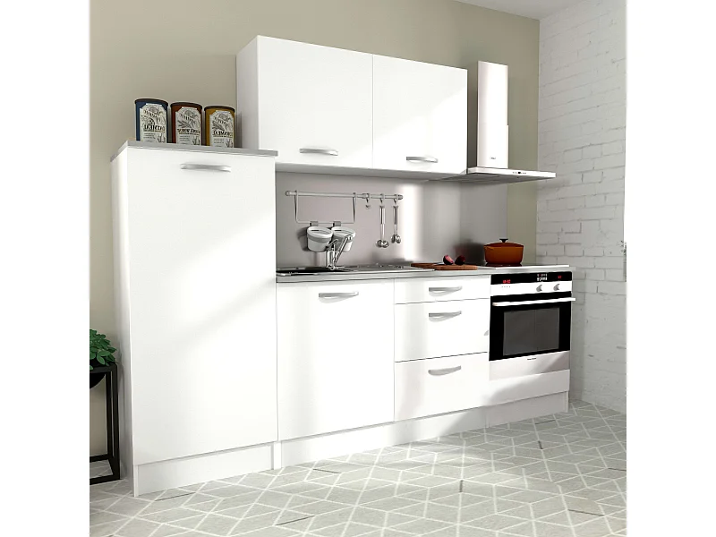 Cocina modular blanca Eko melamina con encimera, 4 módulos, 240 cm ancho