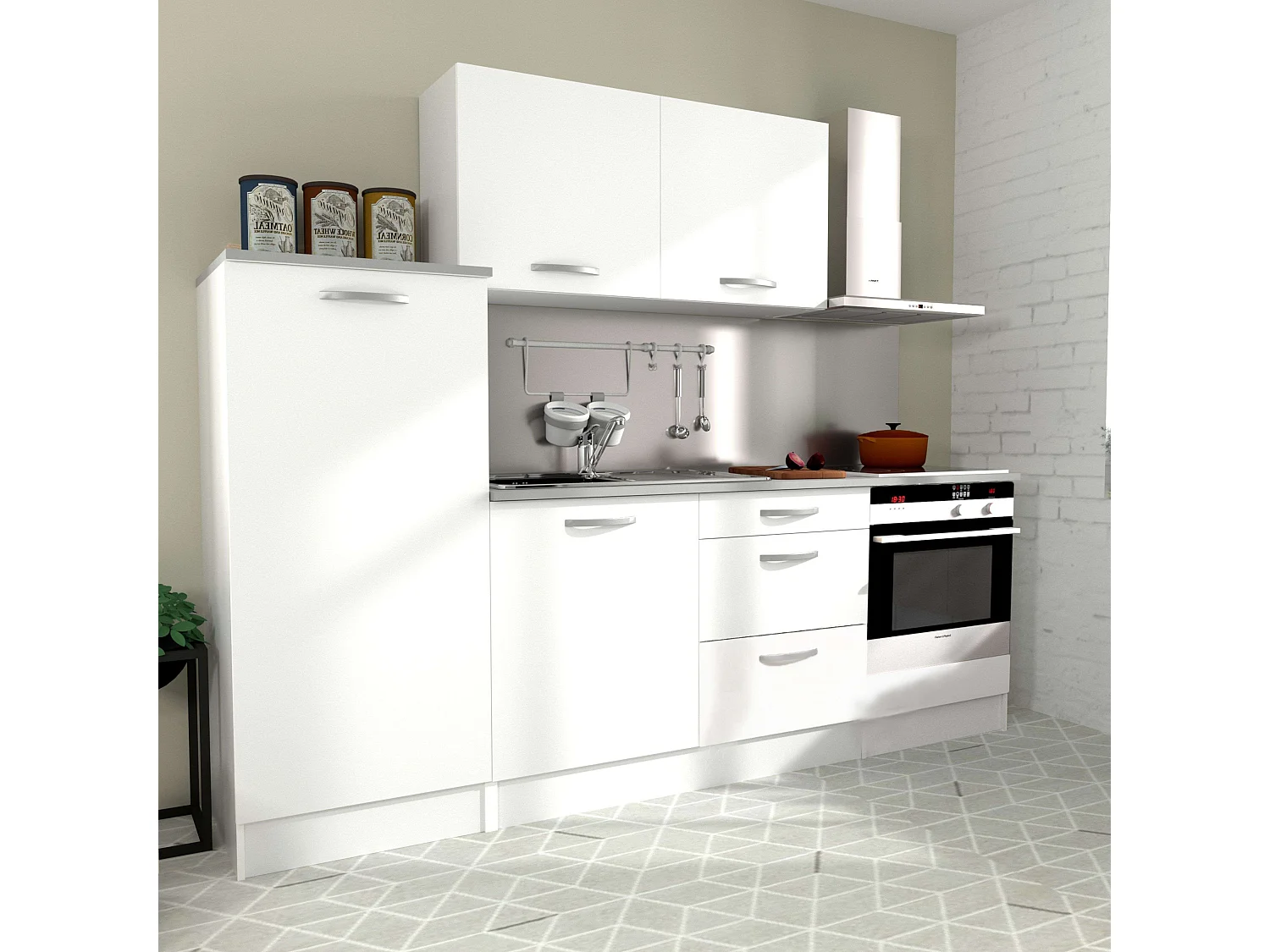 Cocina modular blanca Eko melamina con encimera, 4 módulos, 240 cm ancho