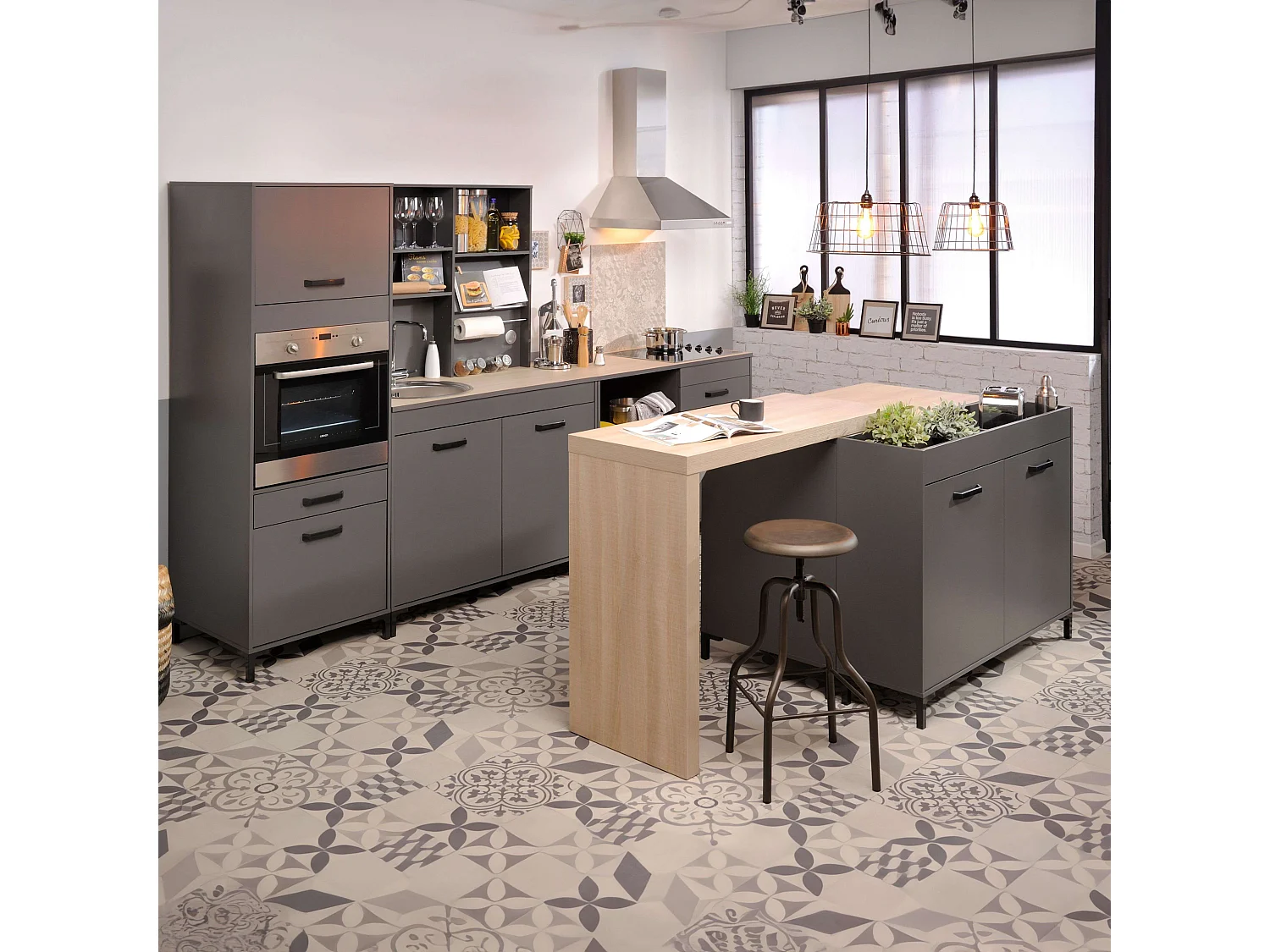 Columna Horno Cocina Smoke Industrial Gris con 1 Cajón y 2 Puertas 63x188x60cm