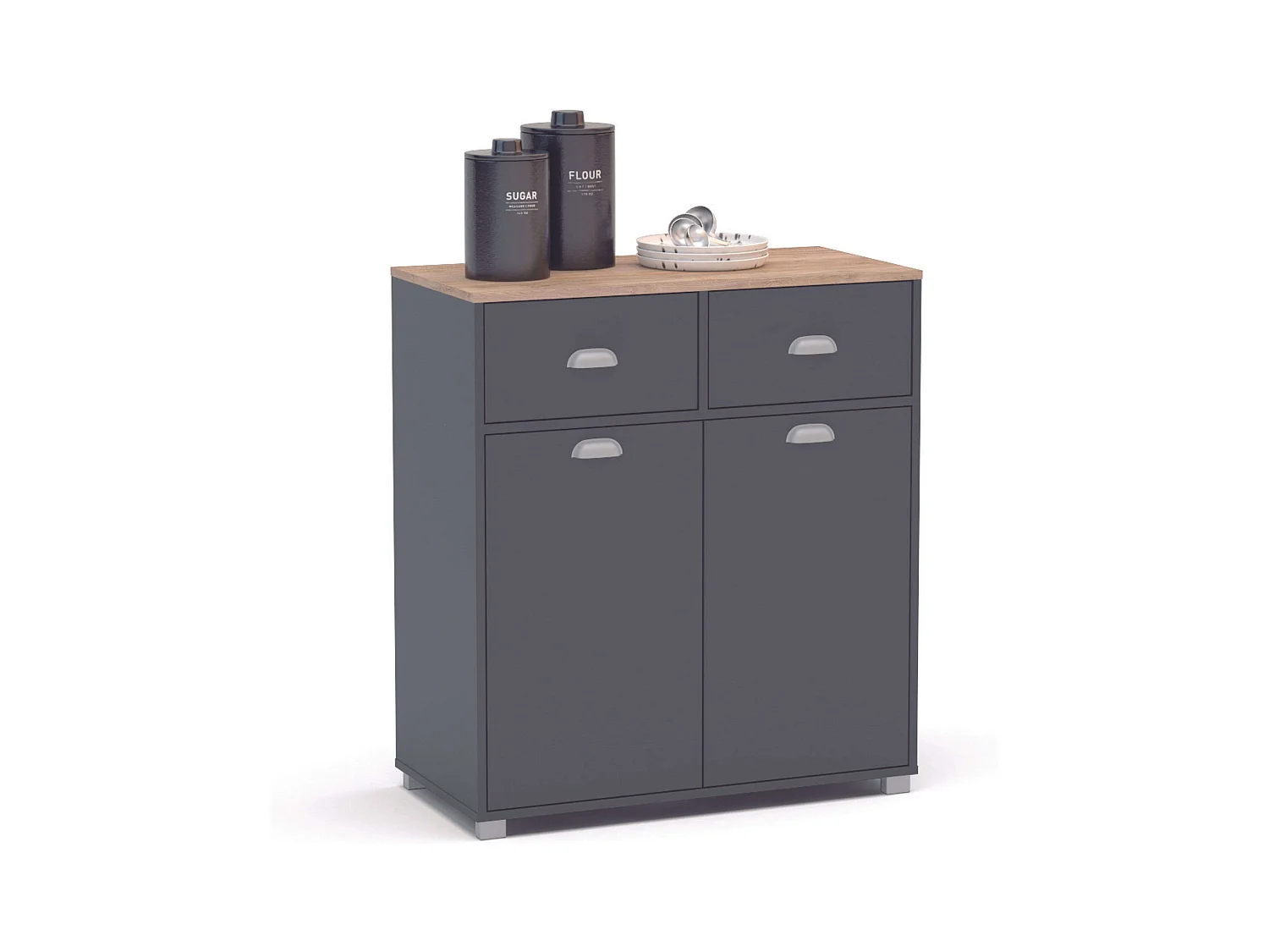 Buffet bas de cuisine Asfeld gris graphite 2 portes et tiroirs 90 x 80 x 40 cm