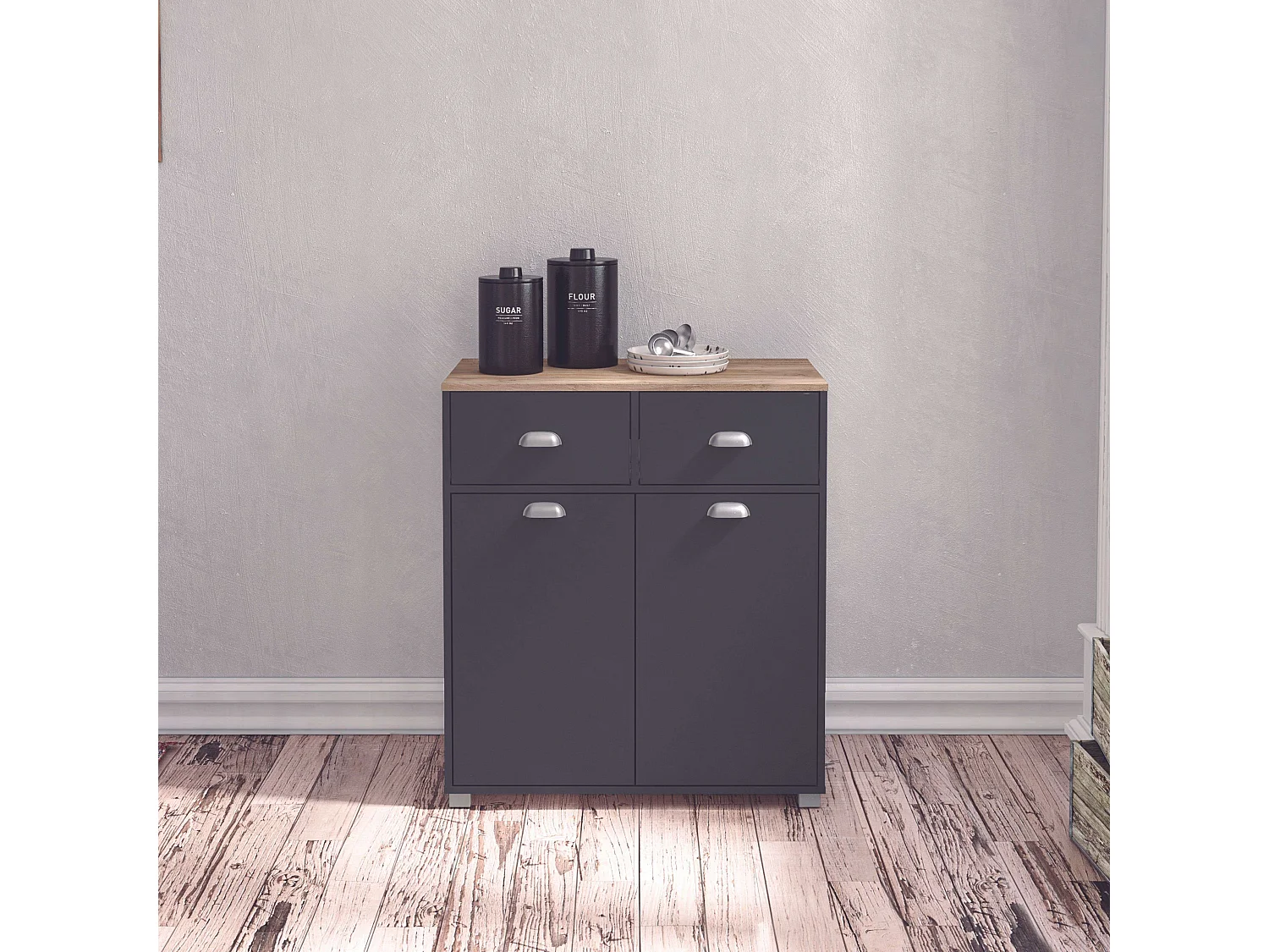 Buffet bas de cuisine Asfeld gris graphite 2 portes et tiroirs 90 x 80 x 40 cm