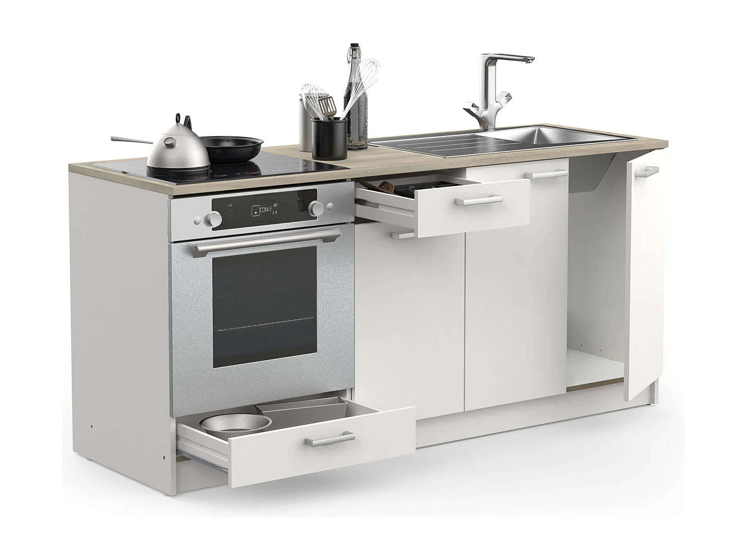 Módulo inferior cocina 3 puertas 2 cajones blanco mate moderno almacenaje