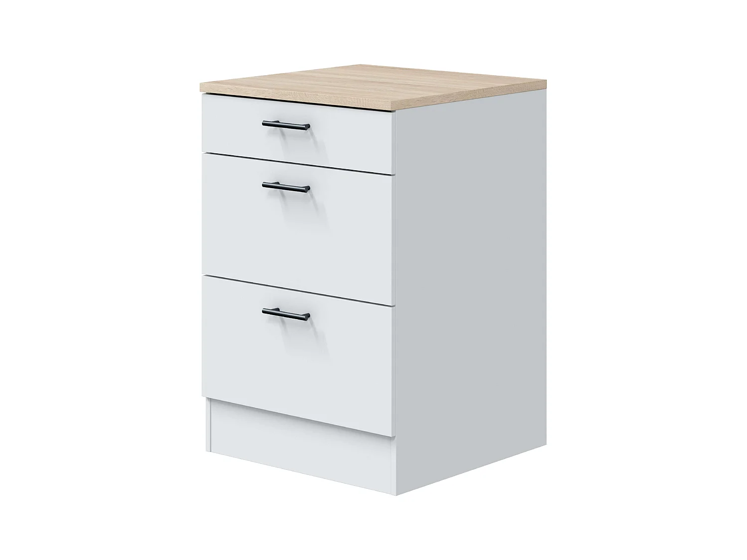 Kira Module Inférieur Cuisine Moderne Blanc Brillant et Chêne 3 Tiroirs 60x90x60 cm
