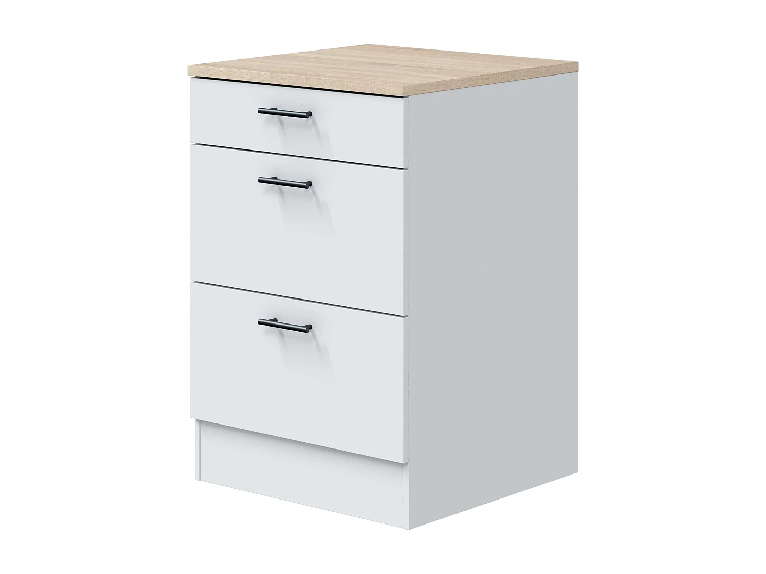 Módulo Inferior Kira Cocina Moderno Blanco Brillo y Roble 3 Cajones 60x90x60 cm