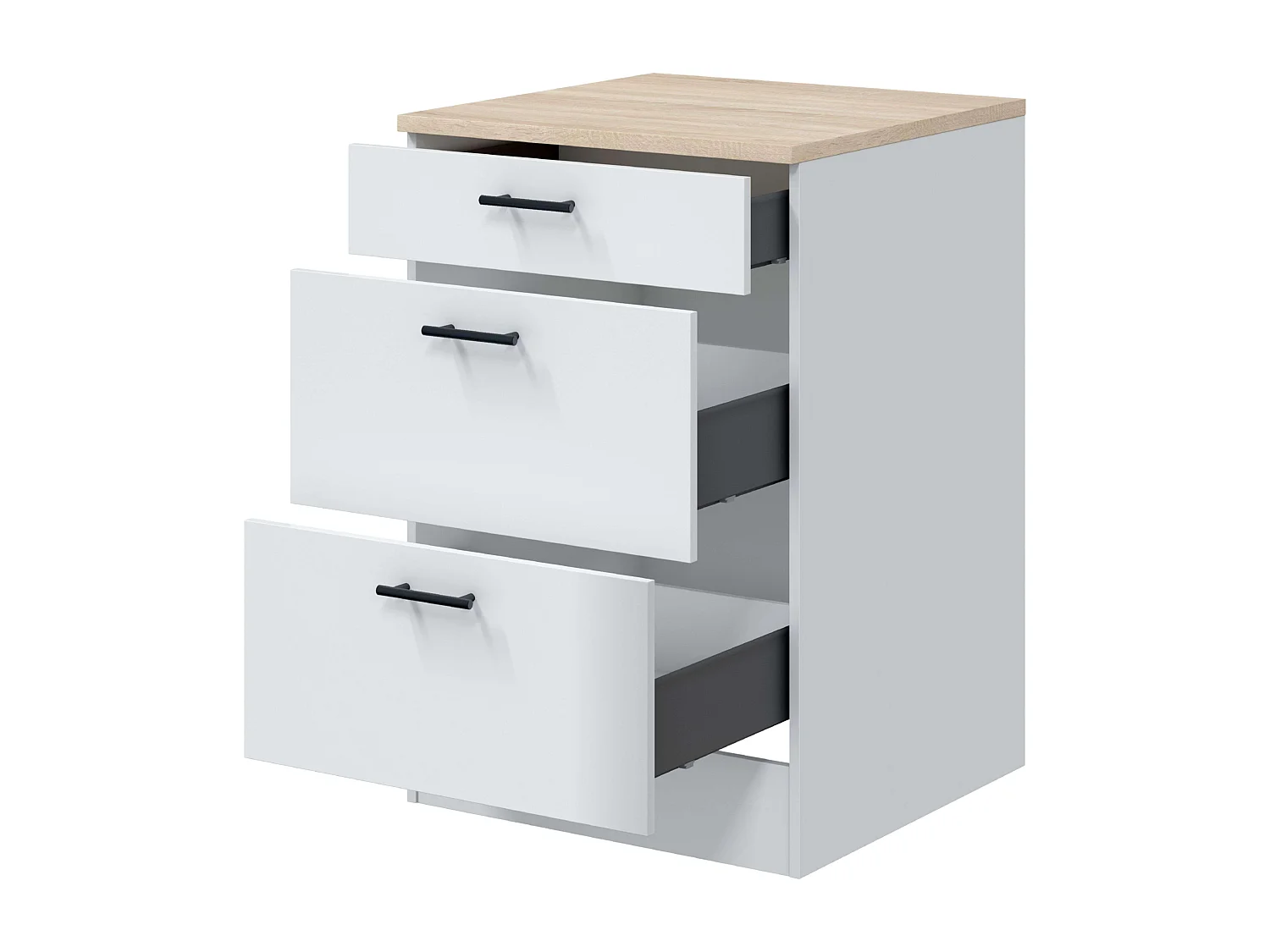 Módulo Inferior Kira Cocina Moderno Blanco Brillo y Roble 3 Cajones 60x90x60 cm