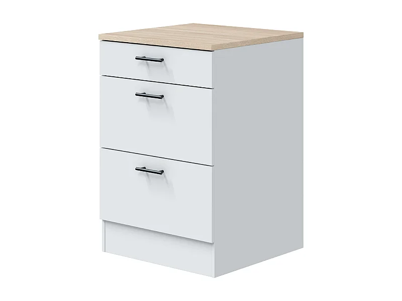 Módulo Inferior Kira Cocina Moderno Blanco Brillo y Roble 3 Cajones 60x90x60 cm