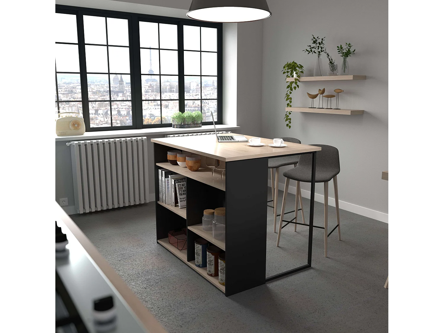 Isla Cocina Buh Auxiliar Negro/Roble Jackson 109x90x80 cm