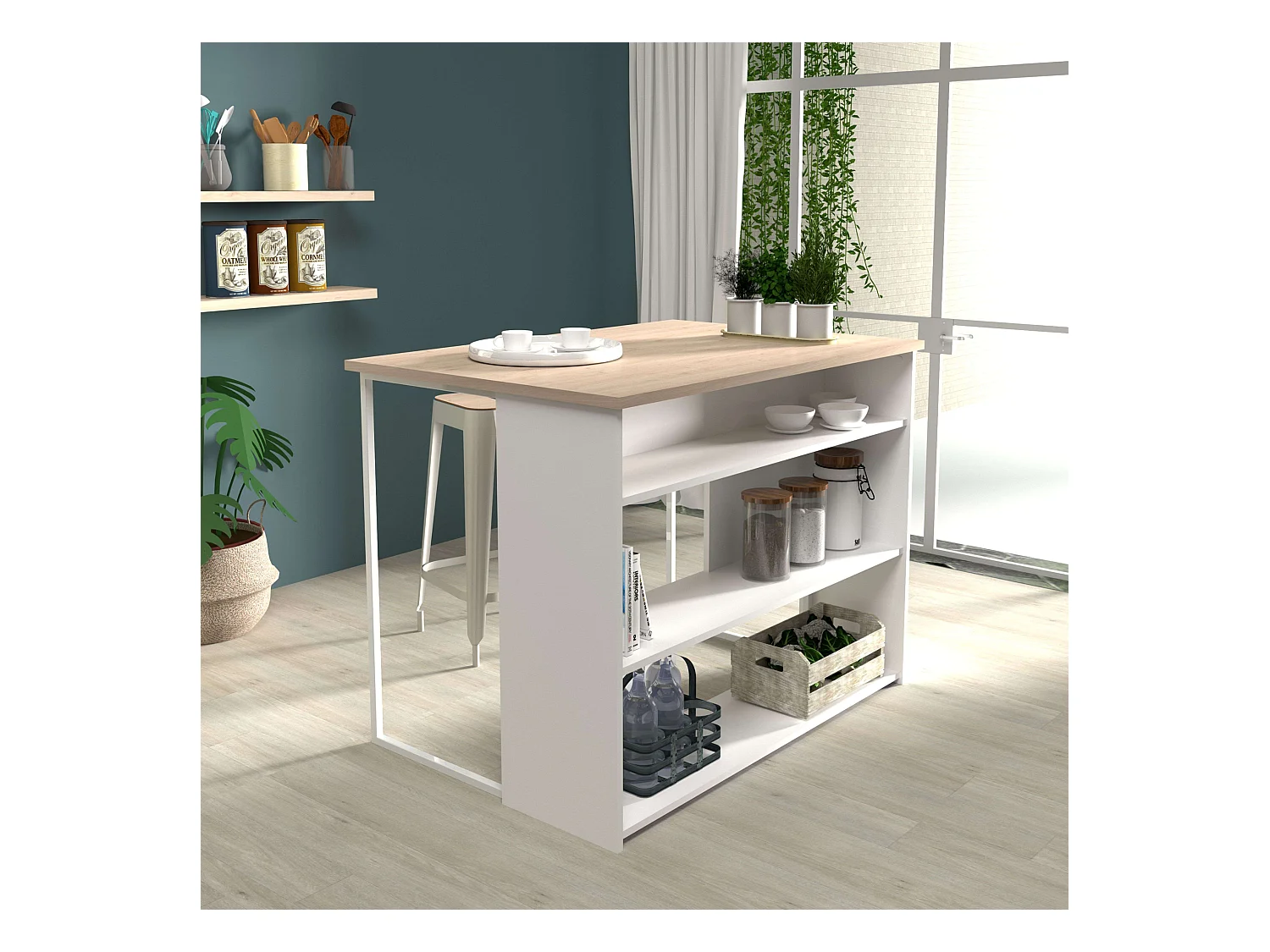 Table haute de cuisine Buh blanche et chêne Jackson 116 x 90 x 80 cm