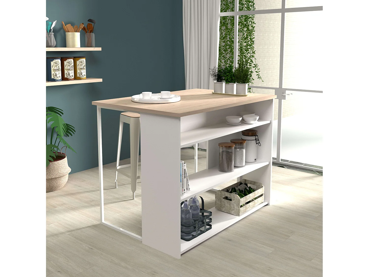 Mesa Alta Isla Cocina Buh Blanco y Roble Jackson 116x90x80 cm