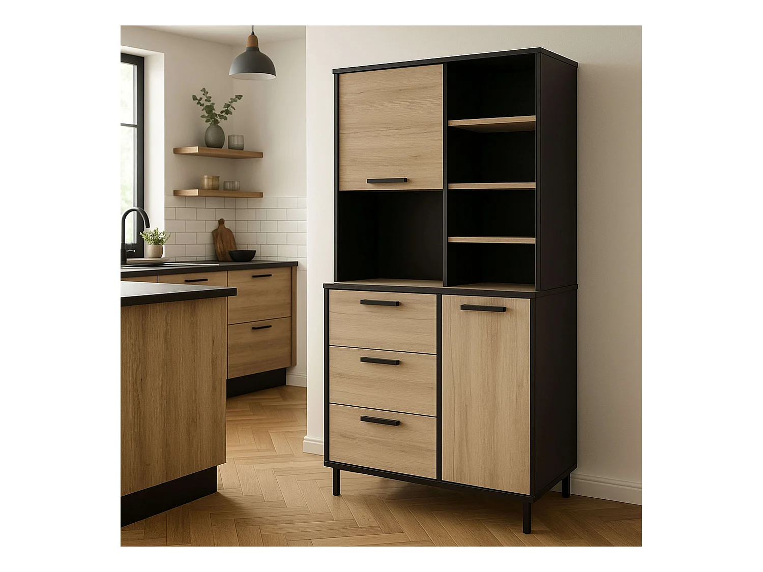 Buffet haut de cuisine Roma Kronberg Chêne/Noir mat 180x92x40 cm