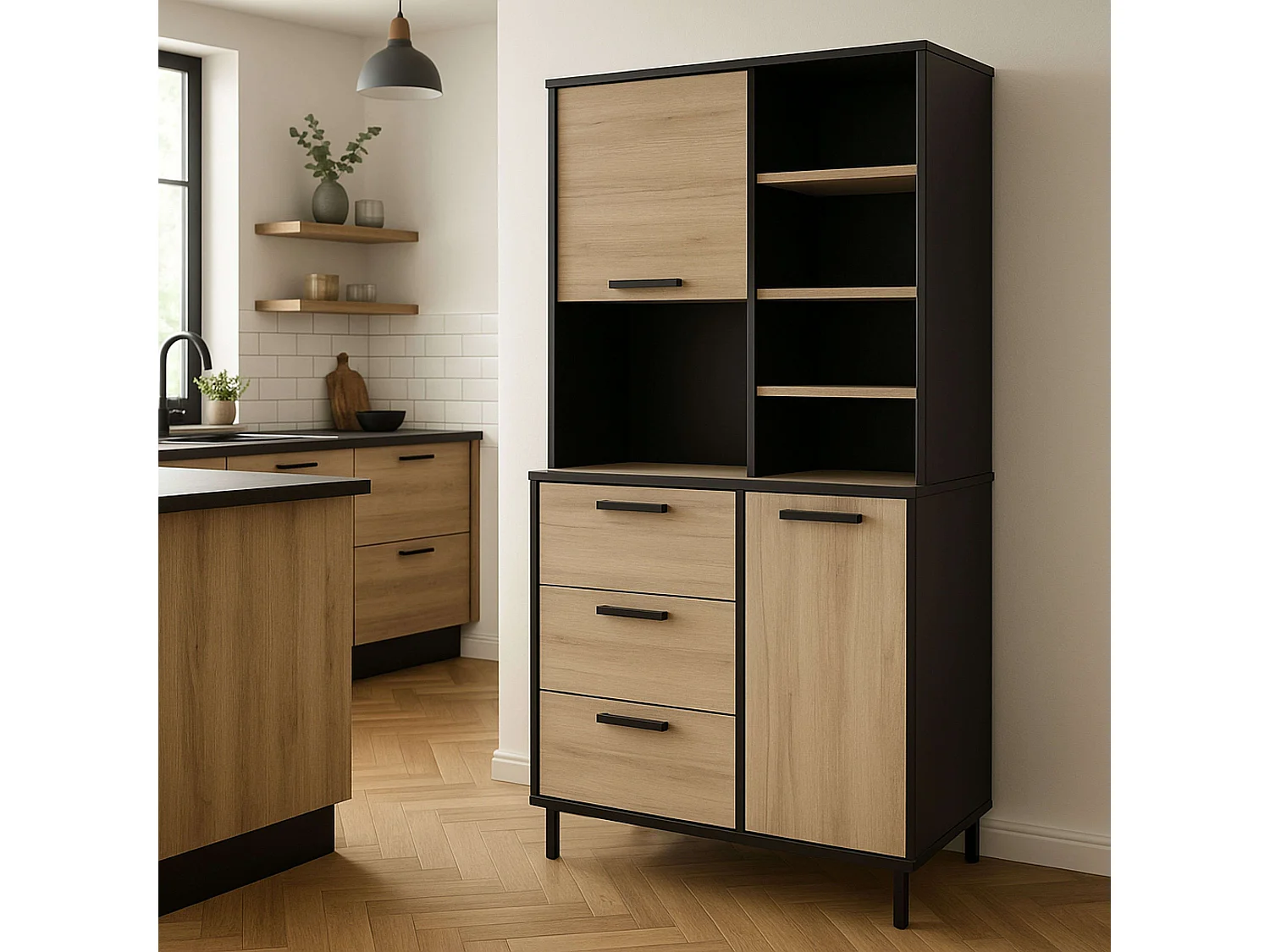 Buffet haut de cuisine Roma Kronberg Chêne/Noir mat 180x92x40 cm