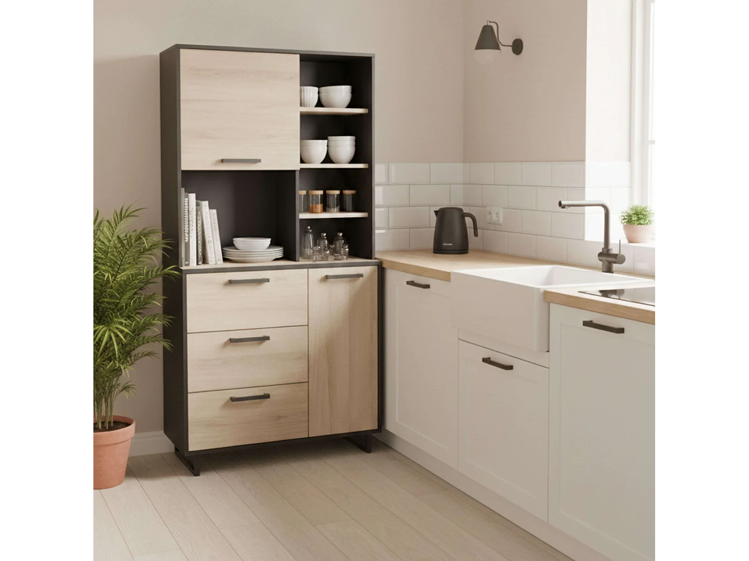Buffet haut de cuisine Roma Kronberg Chêne/Noir mat 180x92x40 cm