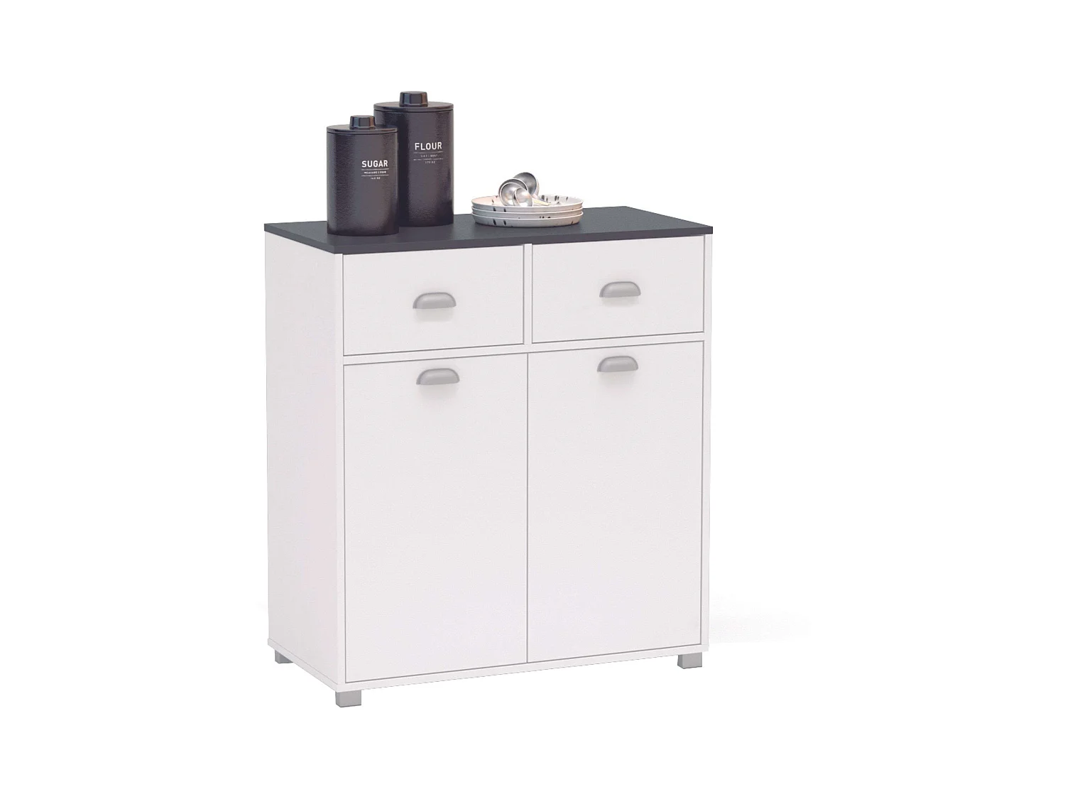 Buffet bas Asfeld 90x80x40 cm Blanc 2 portes 2 tiroirs Cuisine