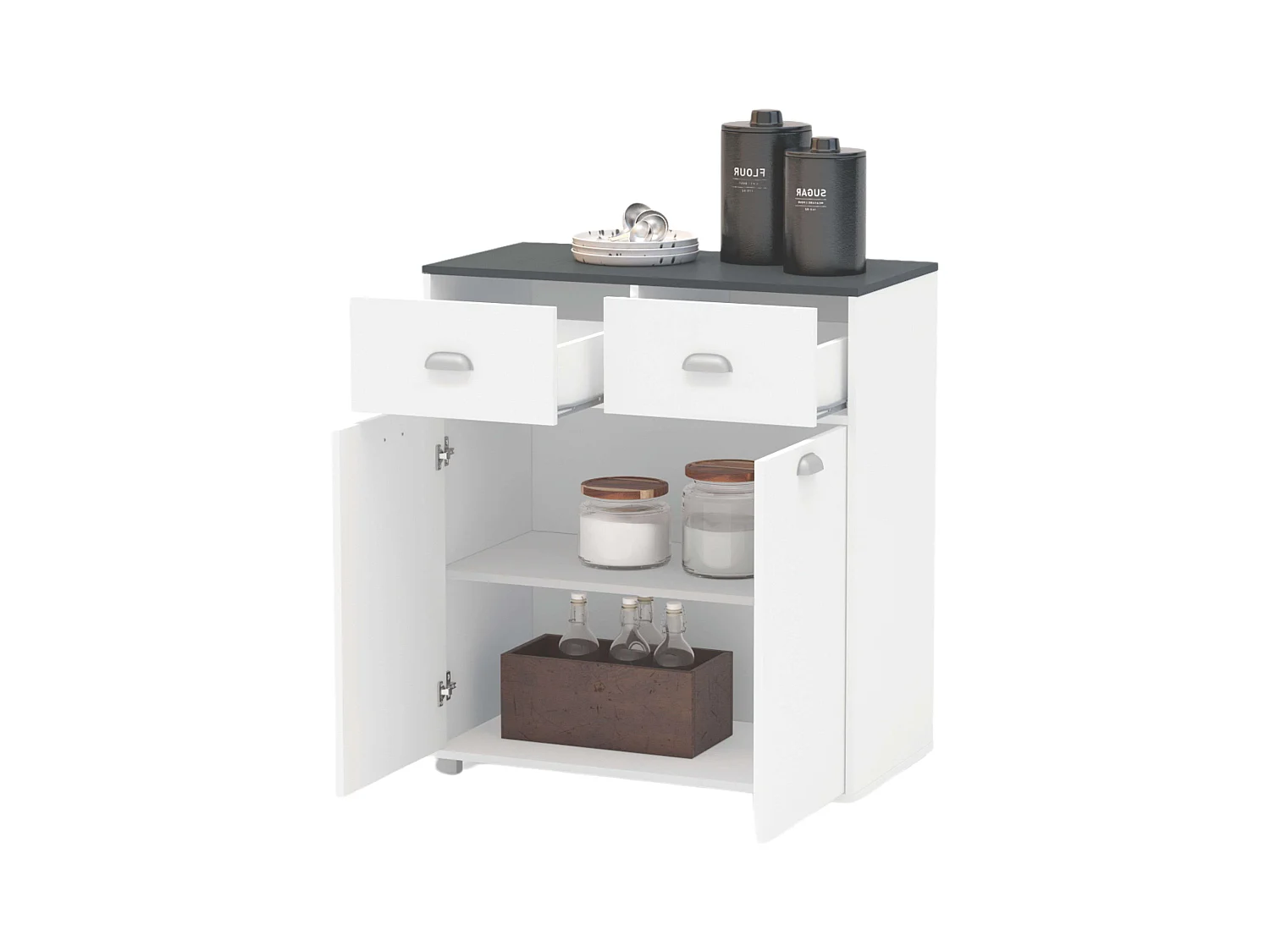 Buffet bas Asfeld 90x80x40 cm Blanc 2 portes 2 tiroirs Cuisine