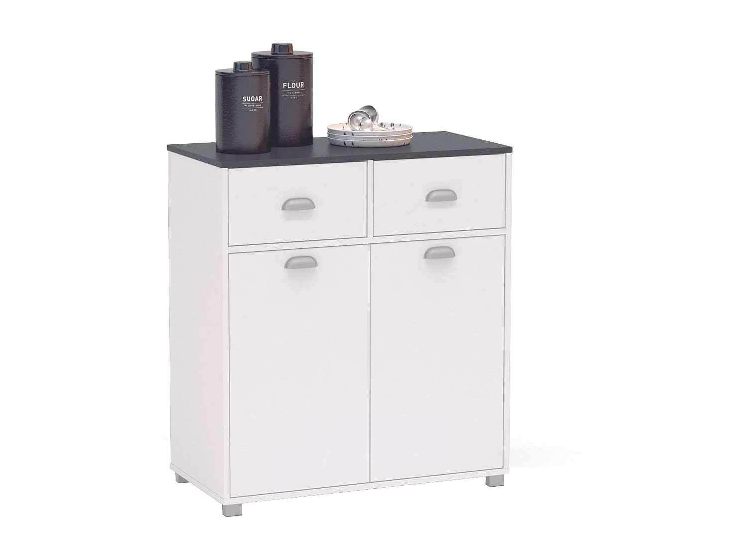 Buffet bas Asfeld 90x80x40 cm Blanc 2 portes 2 tiroirs Cuisine