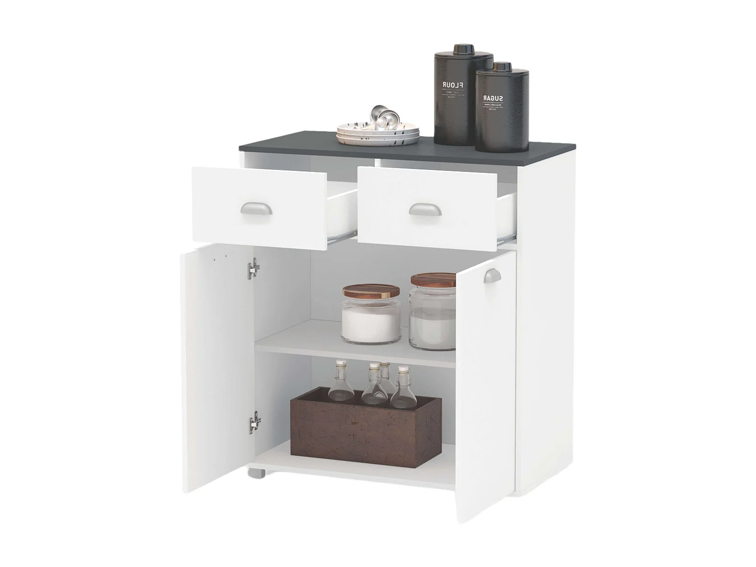 Buffet bas Asfeld 90x80x40 cm Blanc 2 portes 2 tiroirs Cuisine