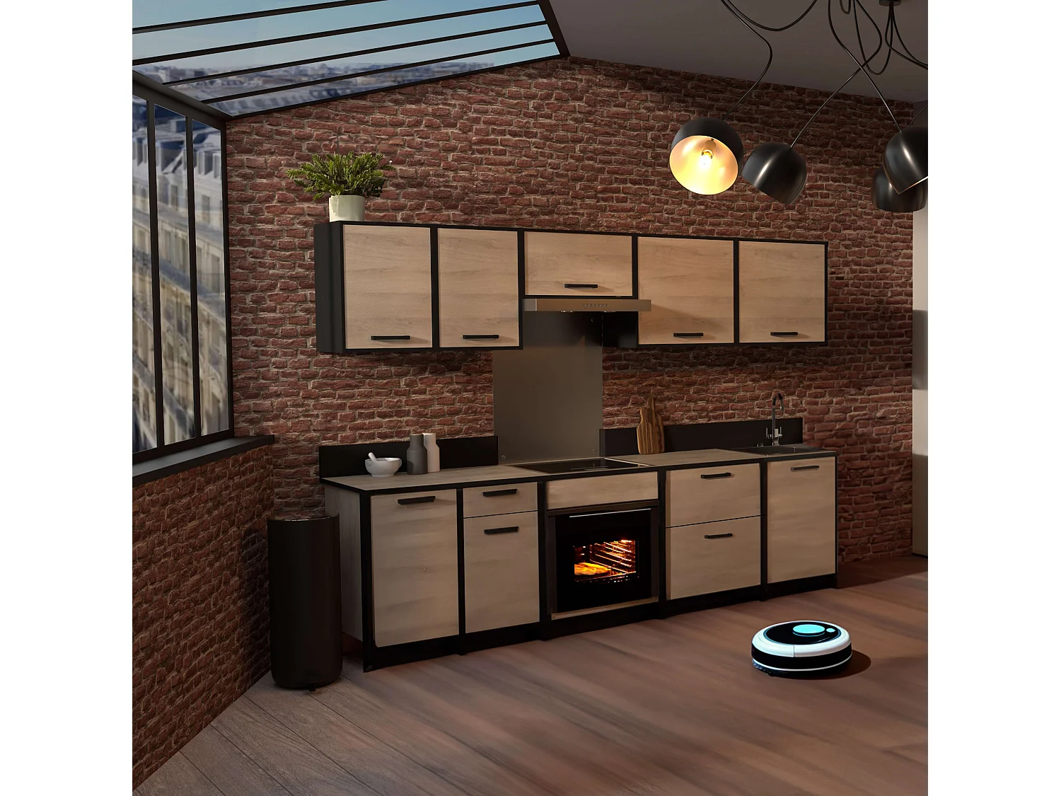 Módulo Inferior Cocina Industrial Etilo, Roble/Negro, 1 Puerta 44 cm