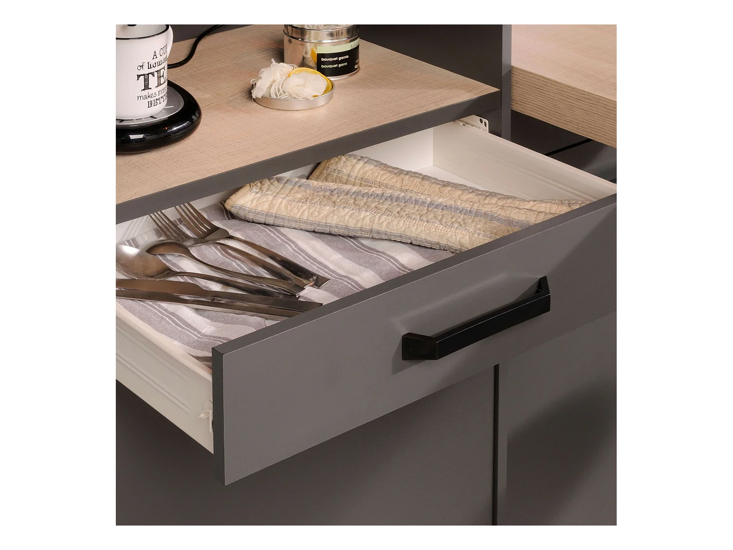 Colonne de cuisine industrielle grise fumée, 2 étagères, tiroir et porte 60 x 188 x 42 cm