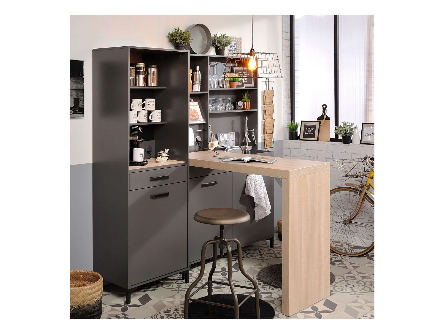 Colonne de cuisine industrielle grise fumée, 2 étagères, tiroir et porte 60 x 188 x 42 cm