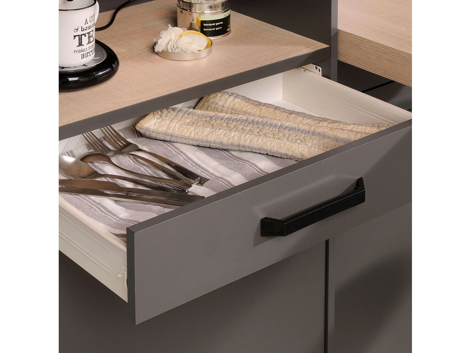 Colonne de cuisine industrielle grise fumée, 2 étagères, tiroir et porte 60 x 188 x 42 cm